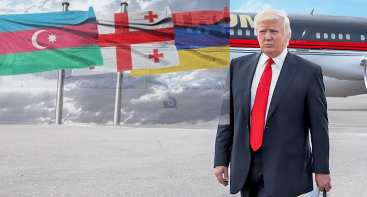 Флаги Азербайджана, Грузии и Армении и Дональд Трамп. Коллаж "Кавказского узла". Источник фото:https://kavkazru.press/wp-content/uploads/2024/03/photo_2024-03-14_21-17-35-1000x600.jpg, https://www.trump.com/leadership/donald-j-trump-biography